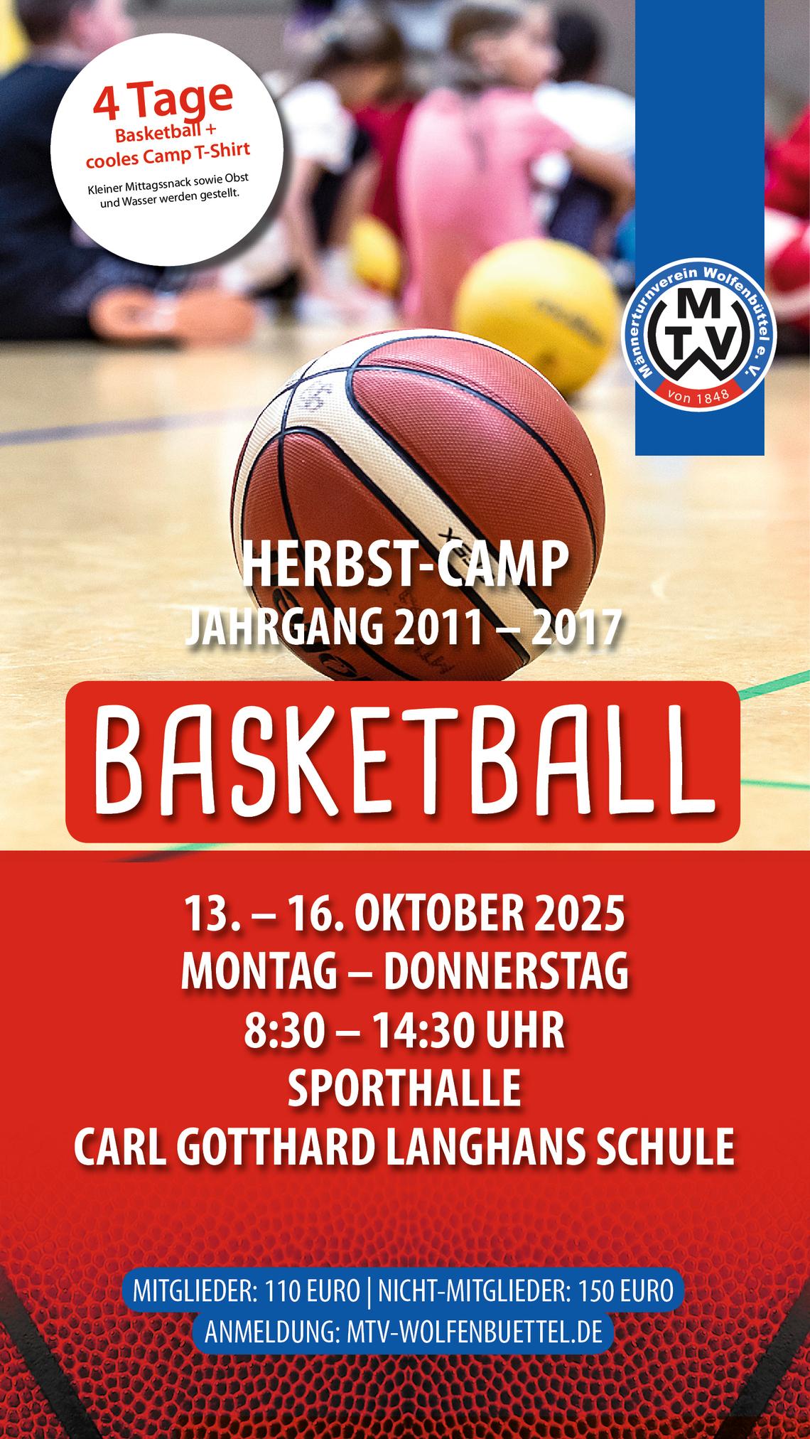 Information zum Basketball-Camp. Ein Basketball liegt auf dem Boden der Sporthalle